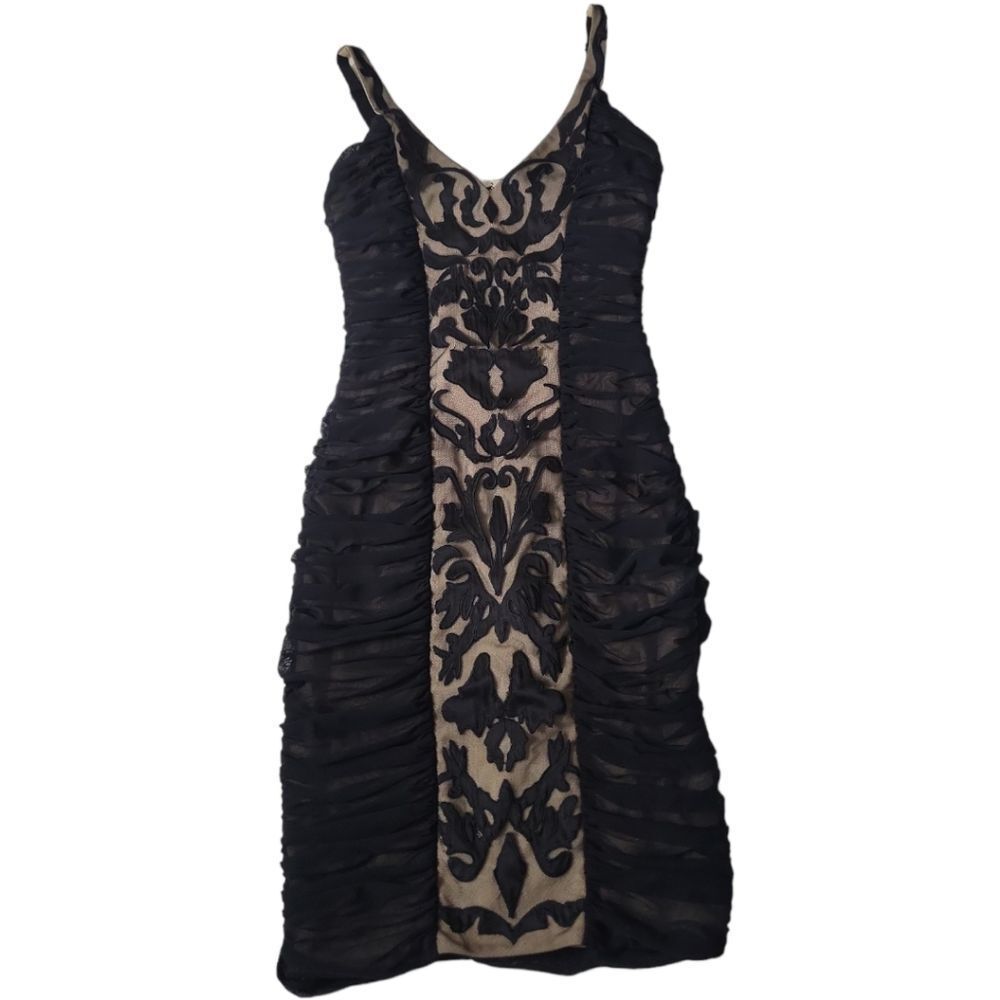BEBE Black/Nude Mesh Lace Ruched Cocktail‎ Party Dress Size XS